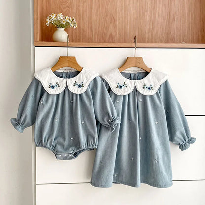 Sister Matching Floral Outfits: Blue Corduroy Embroidered Baby Romper & Girls Princess Dress - Coordinated Sister Boutique Set