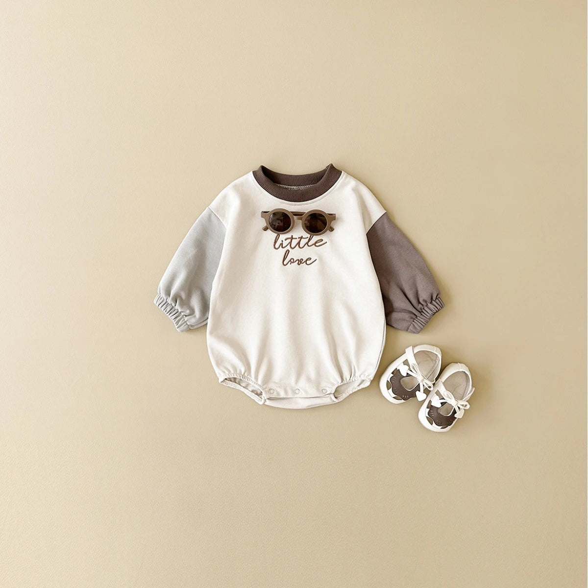 Little Love Embroidered Neutral Bubble Romper - Earth Tone Sweatshirt Bodysuit (1-18M)