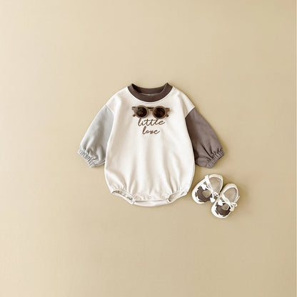 Little Love Embroidered Neutral Bubble Romper - Earth Tone Sweatshirt Bodysuit (1-18M)