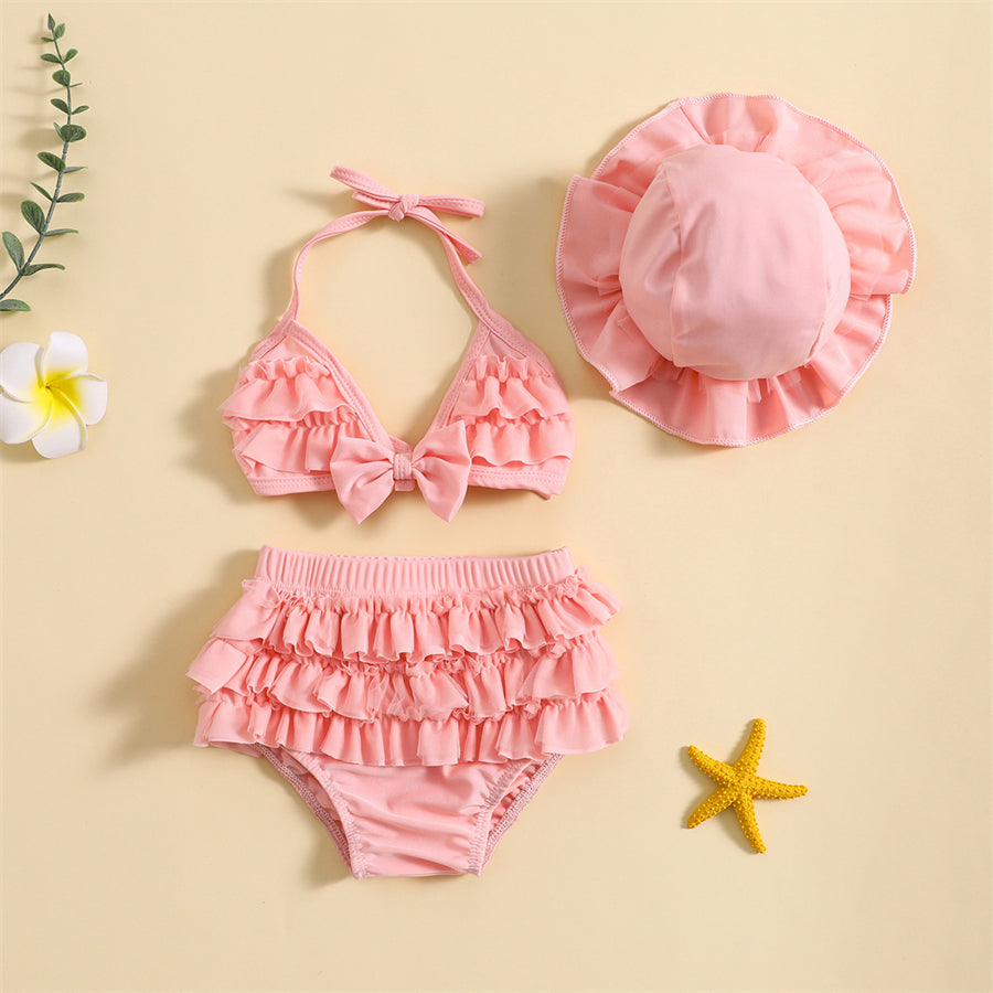 3-Piece Infant Baby Girl Summer Swimsuit Set - Ruffle Halter Bikini Top, Tutu Shorts & Sun Hat (0-24M)