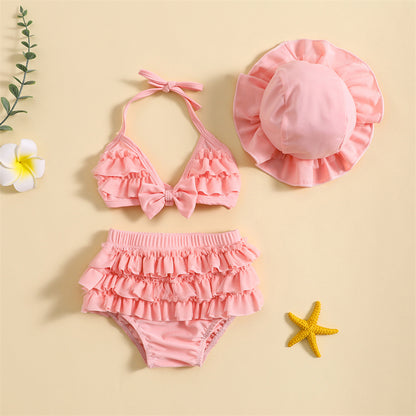 3-Piece Infant Baby Girl Summer Swimsuit Set - Ruffle Halter Bikini Top, Tutu Shorts & Sun Hat (0-24M)