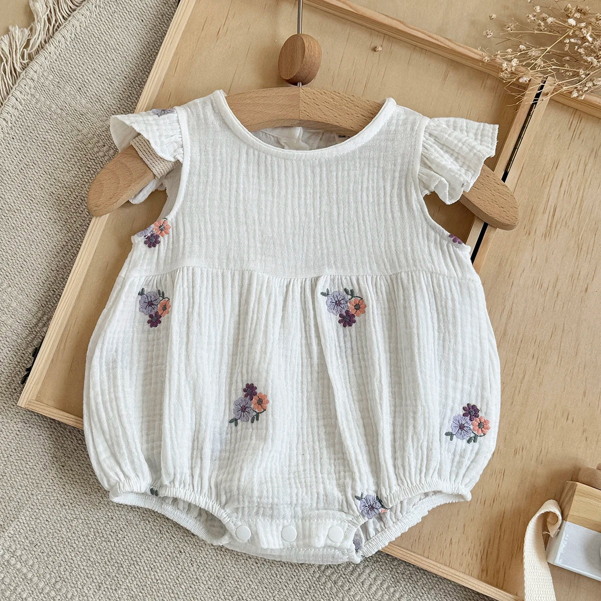 Summer Embroidered Floral Baby Romper - White Cotton Muslin Ruffle Sleeve Bodysuit (6-18M)