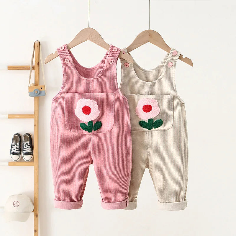 Cute Flower Corduroy Overalls for Toddler Girls - Spring Cotton Jumpsuit (9M-4T)