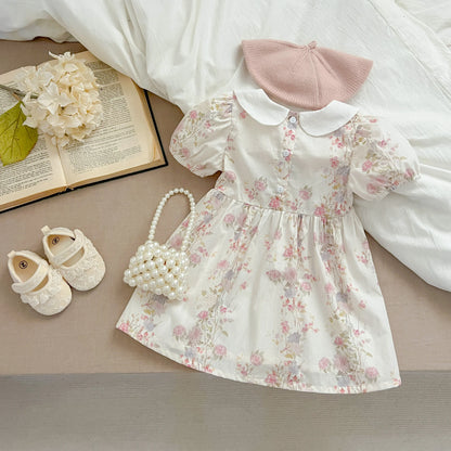 Pink Floral Smocked Sister Matching Outfits - Puff Sleeve Cotton Romper & Princess Dress (3M-6T)