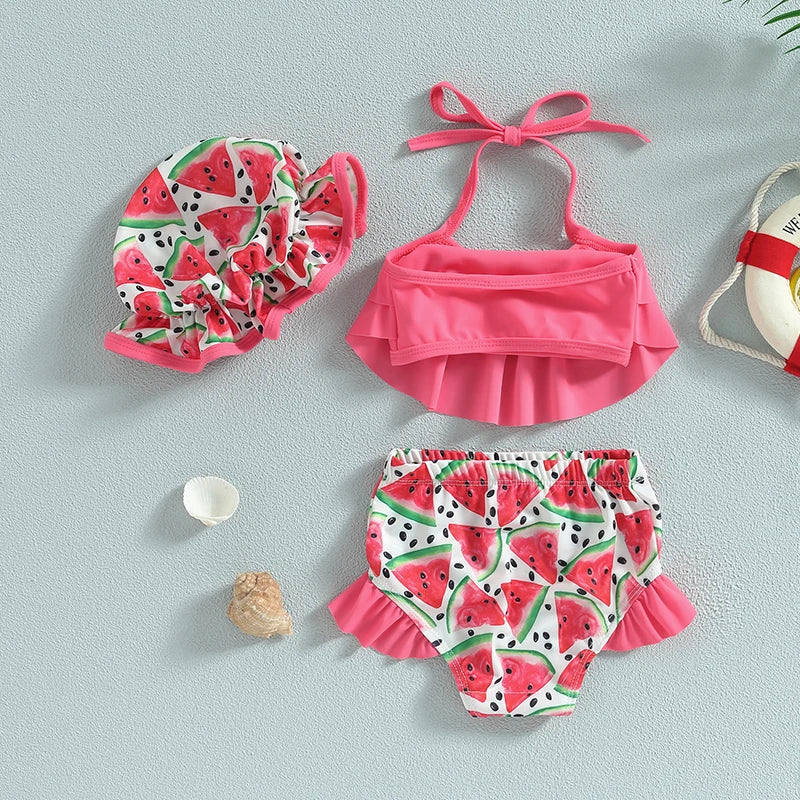 Baby Girl 3-Piece Ruffle Bikini Set, Watermelon & Mermaid Swimsuit with Cap (6M-4T)