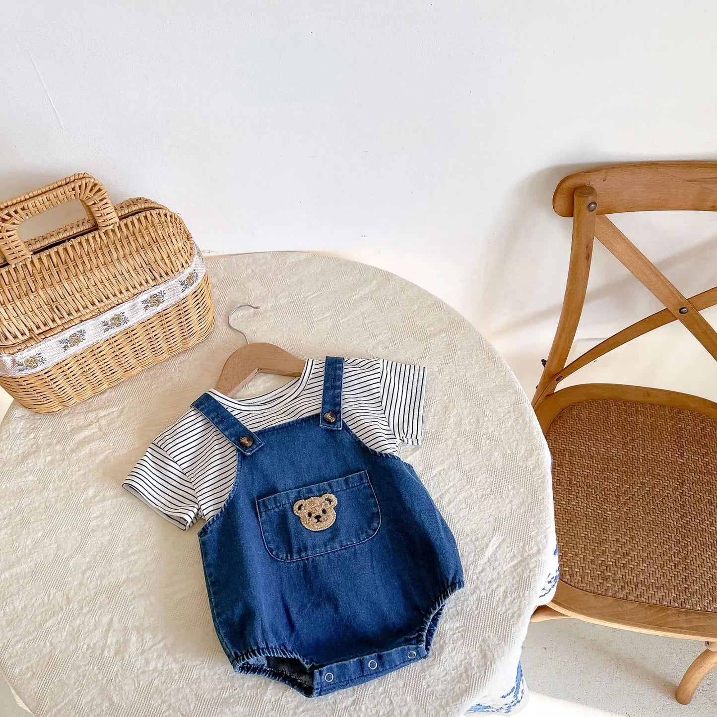 Unisex Baby Striped T-Shirt and Denim Bear Romper Set - 2pc Summer Toddler Outfit (3M-3T)