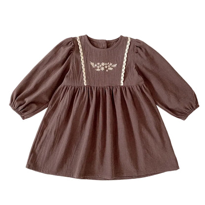Toddler & Girls Brown Floral Embroidered Cotton Long Sleeve Dress (2T-6T)