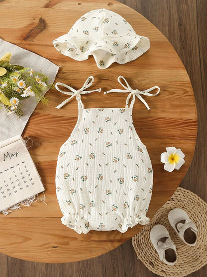 Baby Girl Muslin Cotton Romper & Sun Hat Set - Floral 2-Piece Summer Bodysuit (3-18M)