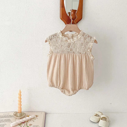 Vintage Cottagecore Baby Girl Lace Romper - Boho Muslin Summer Jumpsuit & Sunsuit (0-18M)