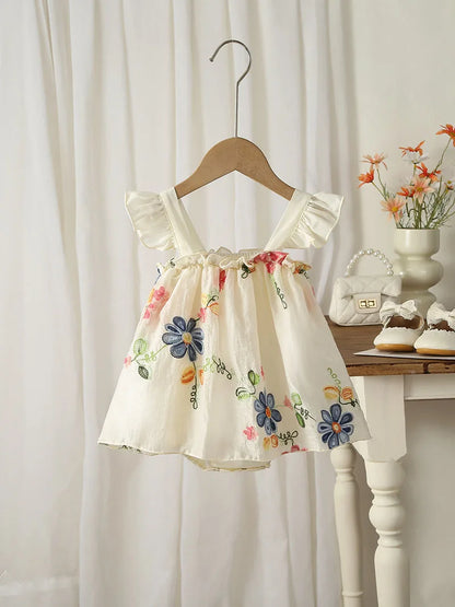 Baby Girl Floral Embroidery Summer Romper Dress - Sleeveless Cotton Bodysuit (3-24M)