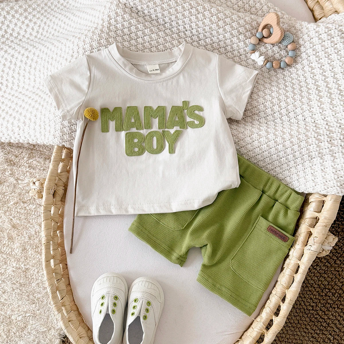 Mama's Boy 2-Piece Baby Boy Summer Clothes Set - Ribbed Shorts & Short Sleeve T-Shirt (6M-3T)