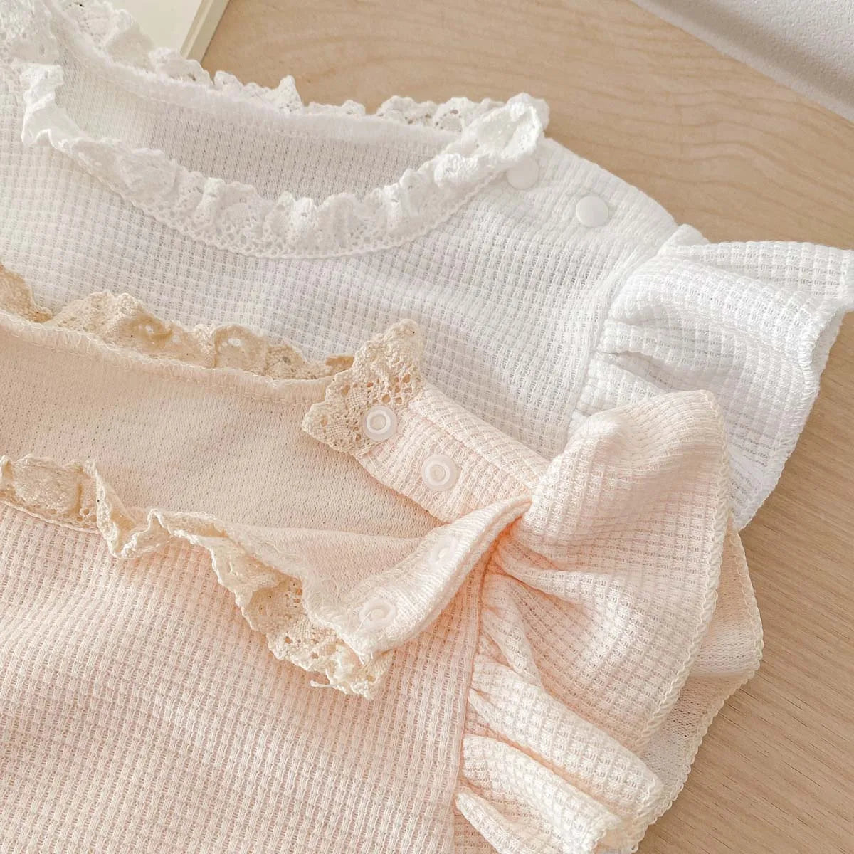 Waffle Knit Baby Girl Romper & Bonnet Set - Ruffle Sleeve Lace Trim Summer Jumpsuit (3-24M)