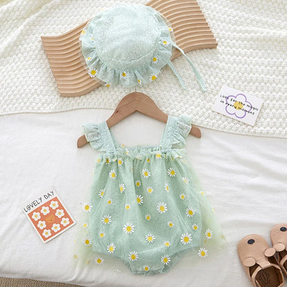 Baby Girl Daisy Floral Romper & Sun Hat Set - Cotton Mesh Fly Sleeve Summer Jumpsuit (3M-2T)