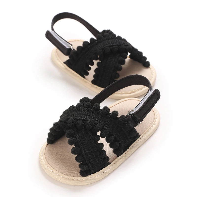 Boho Infant Girls Pom Pom Sandals - Non-Slip Soft Sole First Walker Shoes (0-18M)
