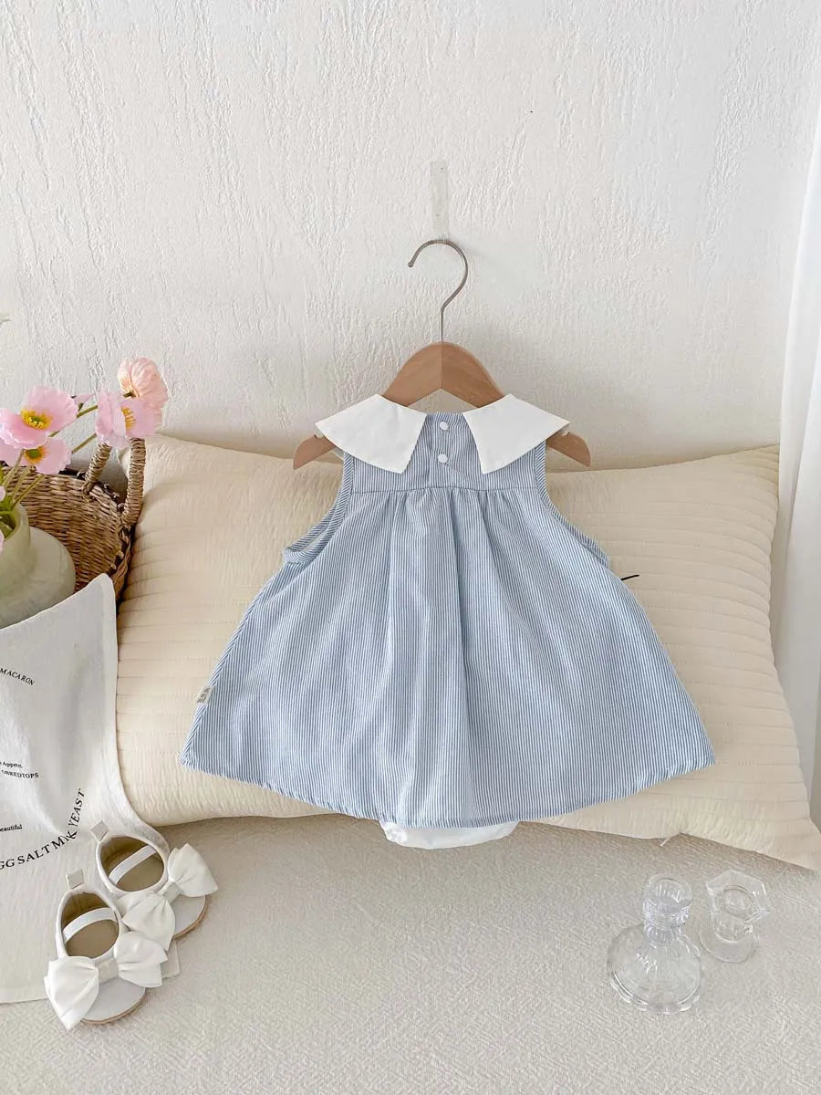 Baby Girl Summer Sailor Dress Romper - Sky Blue Striped Sleeveless Jumpsuit with Bow & Nautical Collar (0-18M)