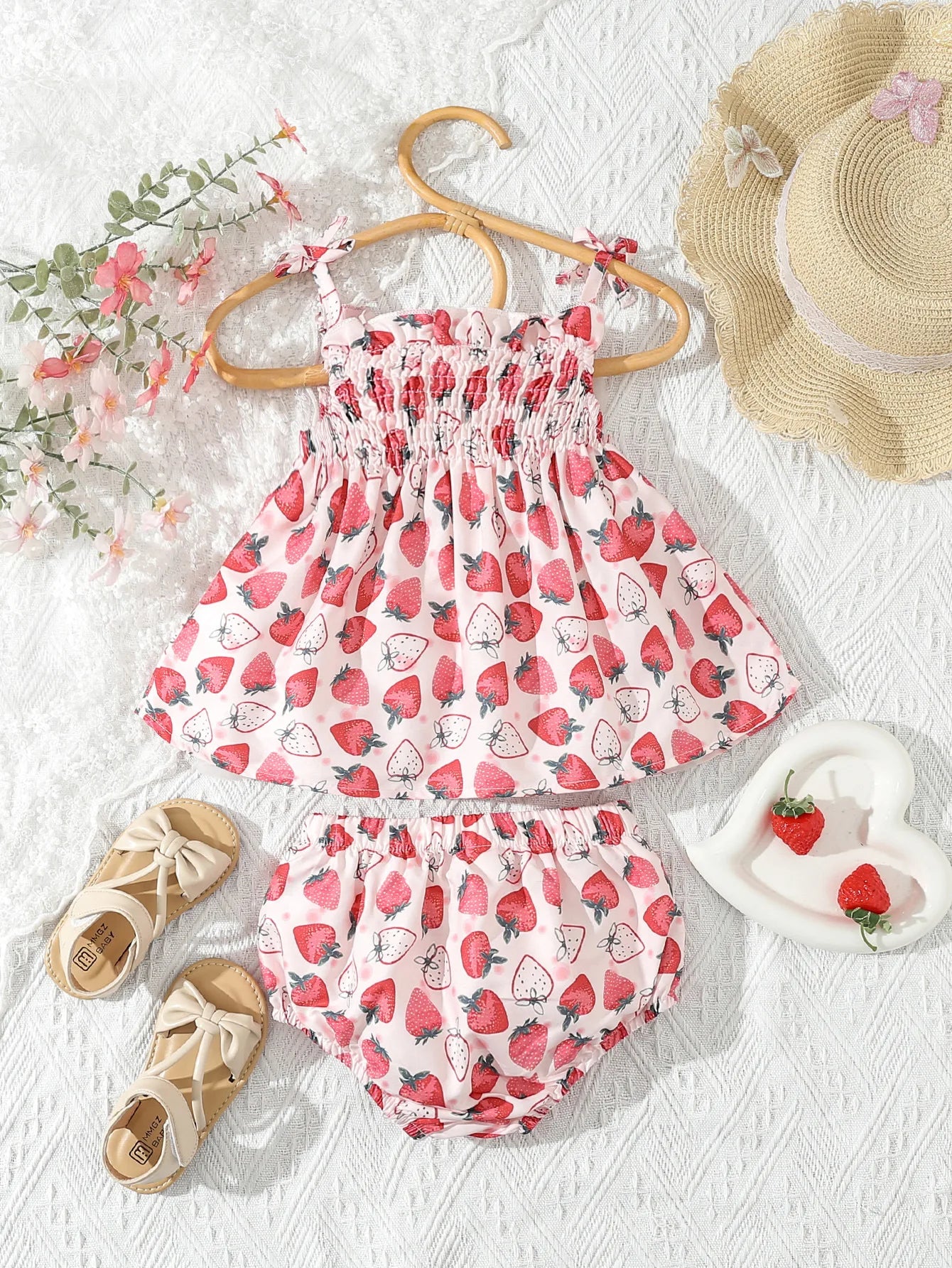 Baby & Toddler Girl Strawberry Print Cotton Outfit - 2Pc Smocked Top & Ruffle Bloomer Set (6M-3T)