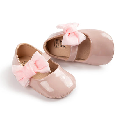 Baby Girl Mary Janes – PU Leather Bowknot First Walker Shoes, Non-Slip Rubber Sole Princess Wedding Flats (0-18M)