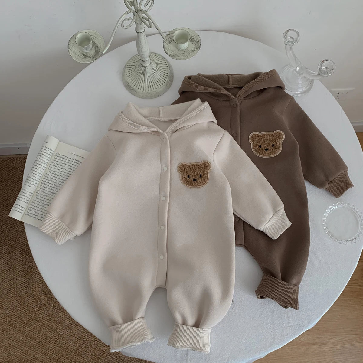 Cozy Bear Hooded Romper – Warm Cotton Blend Jumpsuit (0-18M)