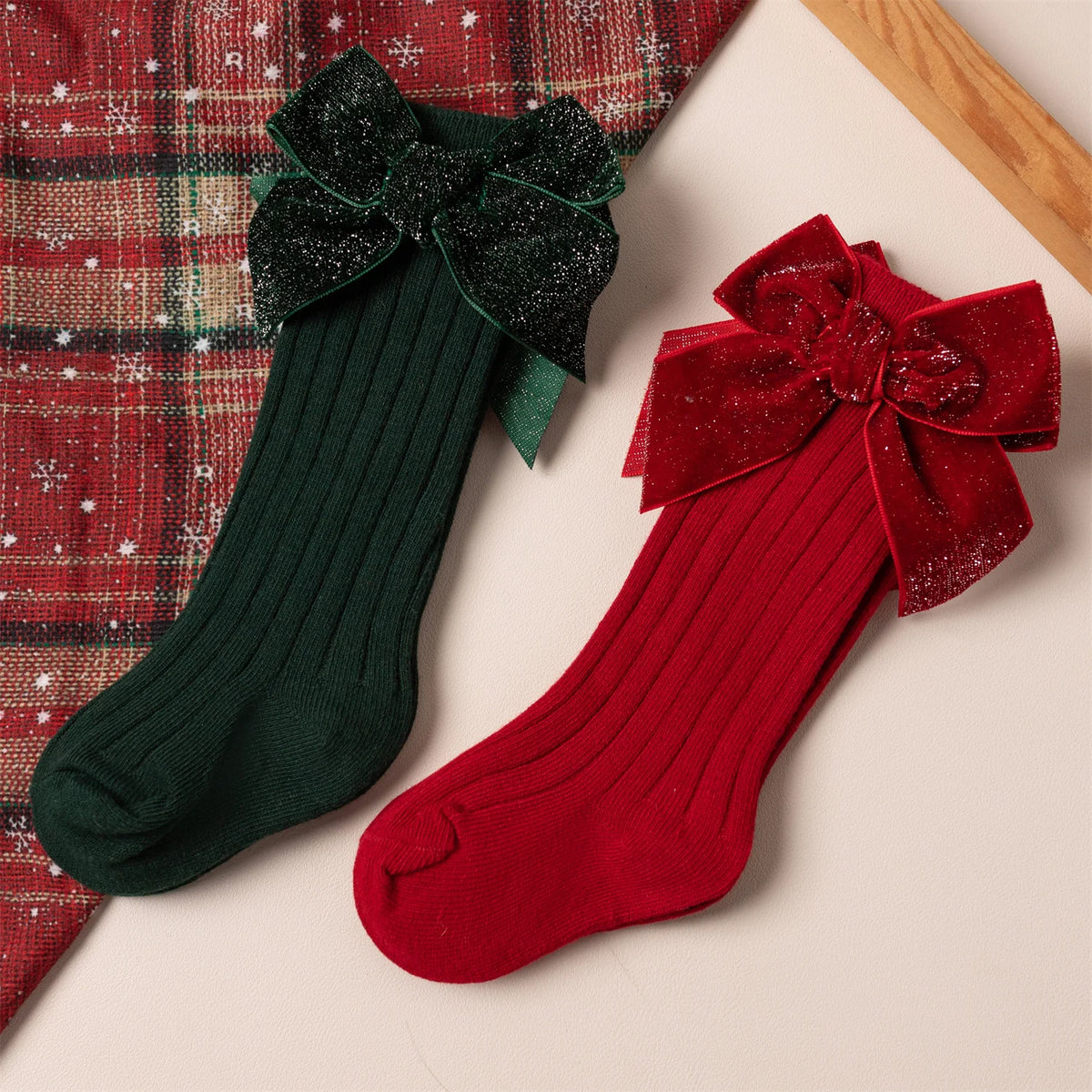 Baby & Toddler Girls Christmas Velvet Bow Socks – Kids Festive Ribbed Knit Stockings (0–8 Years)