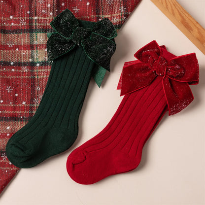 Baby & Toddler Girls Christmas Velvet Bow Socks – Kids Festive Ribbed Knit Stockings (0–8 Years)