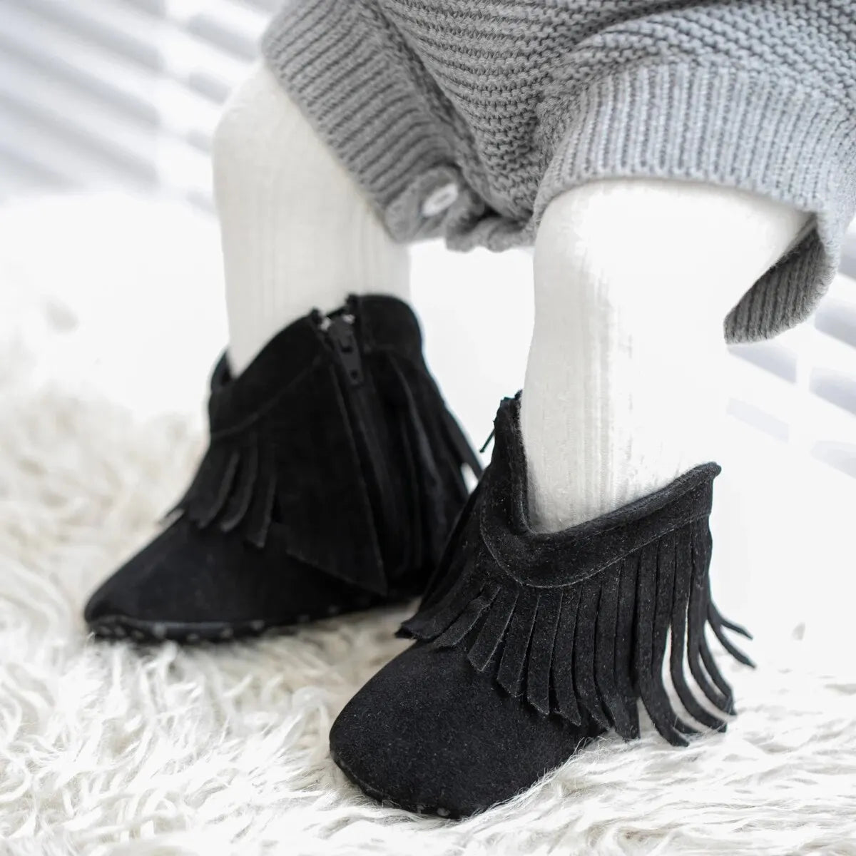 Baby Western Fringe Moccasin Booties - Soft Anti-Slip Sole Infant Cowboy Cowgirl Shoes, First Walkers (0-18M)