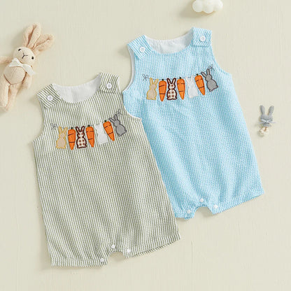 Baby & Toddler Easter Bunny Seersucker Romper - Sleeveless Carrot Embroidered Jumpsuit (3M-3T)