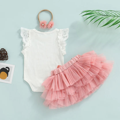 Baby Girls 1st Birthday Outfit | "One" Letter Print Lace Romper, Tulle Tutu Skirt & Headband Set - 3-Piece Pink Summer Cake Smash Suit (0-18M)