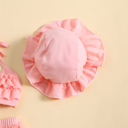 3-Piece Infant Baby Girl Summer Swimsuit Set - Ruffle Halter Bikini Top, Tutu Shorts & Sun Hat (0-24M)