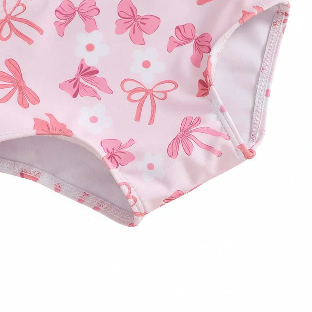 Toddler Baby Girl Pink Bow Print 3-Piece Swimsuit - Ruffle Tankini, Shorts & Hat (0-3T)