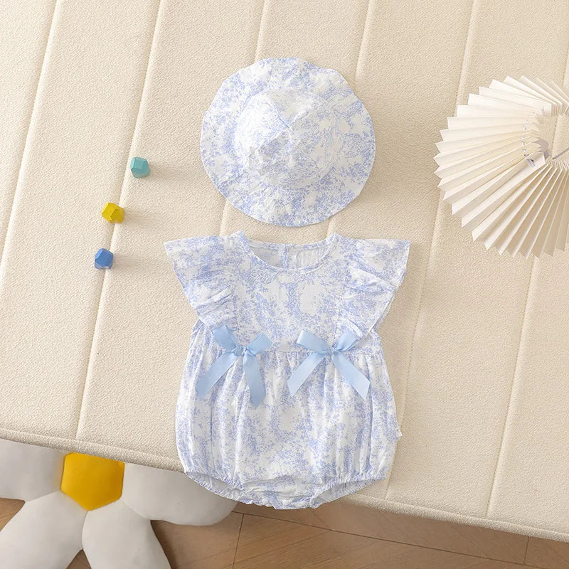 Baby Girl Floral Cotton Romper Set with Matching Sun Hat - Ruffled Princess Bodysuit with Double Bows (0-24M)