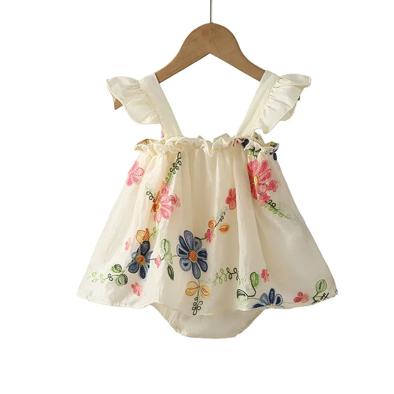 Baby Girl Floral Embroidery Summer Romper Dress - Sleeveless Cotton Bodysuit (3-24M)