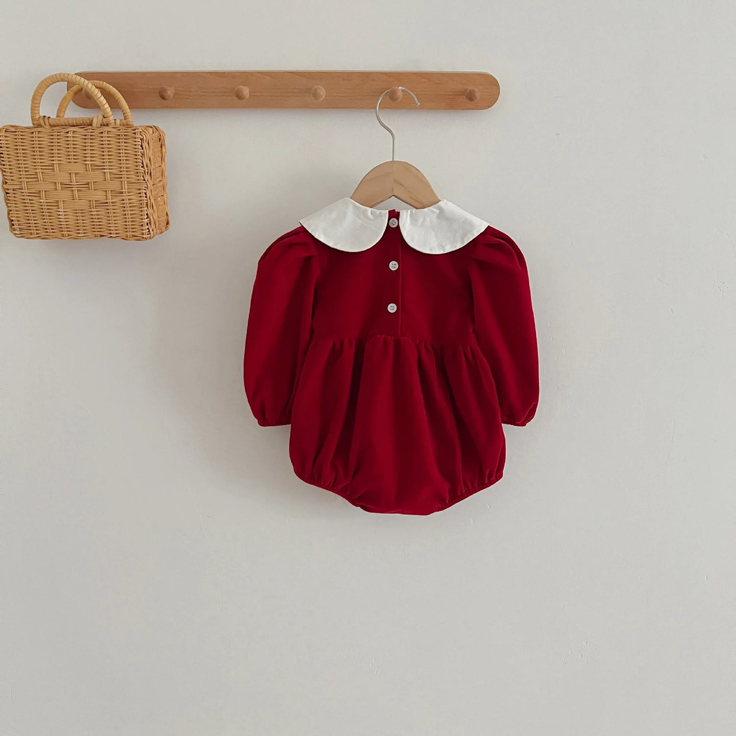 Baby Girl Red Christmas Bubble Romper | Smocked Holiday Outfit with Collar (3-24M)