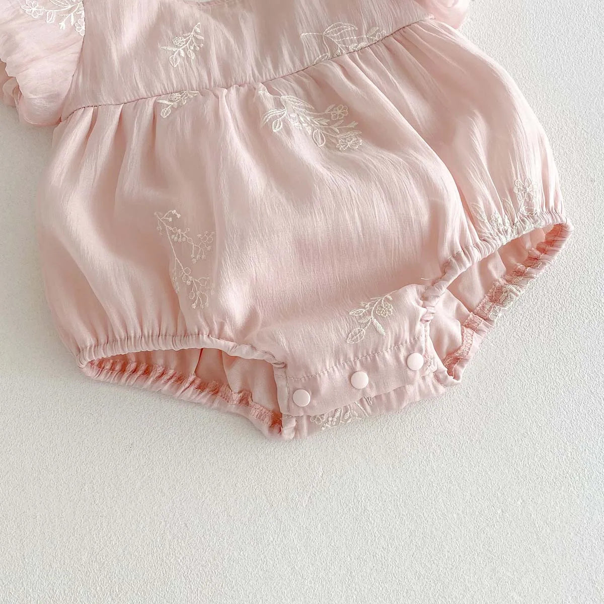 Baby Girl Embroidered Floral Cotton Romper - Pink Bubble Sleeve Summer Jumpsuit (3-24M)