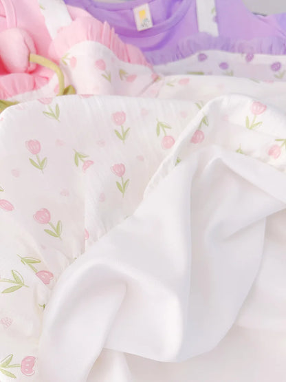 Baby & Toddler Girls Cotton Floral Summer Dress | Mock Two-Piece Ruffled Sun Dress with Decorative Bow (12M-4T)