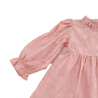 Toddler & Girls Pink Floral Embroidered Long Sleeve Tiered Dress (2T-6T)