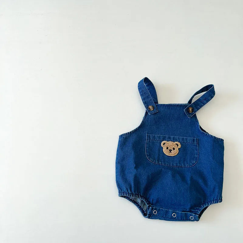 Unisex Baby Striped T-Shirt and Denim Bear Romper Set - 2pc Summer Toddler Outfit (3M-3T)
