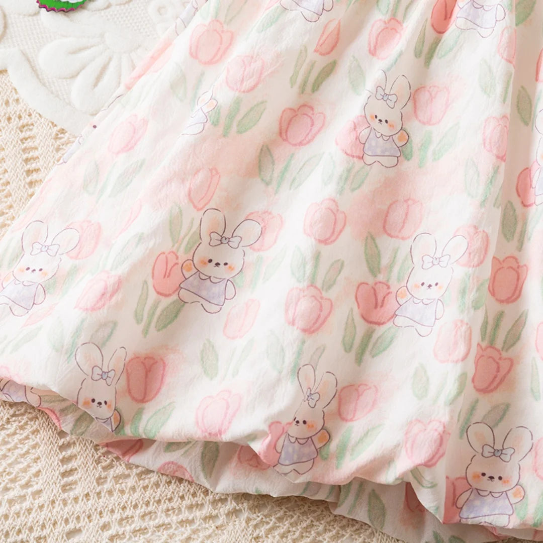 Baby Girl Easter Dress with Bunny Ears & Tail - Cotton Tulip Print Summer Sun Dress (9M-3T)