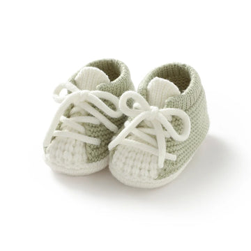 Sneaker Style knit baby booties in high-top sneaker style with white laces and toe cap, anti-slip soft sole for infants 0-12 months.