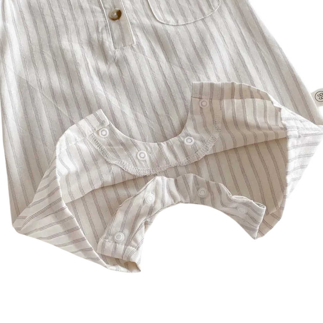 Neutral Ticking-Stripe Sleeveless Baby Romper with Matching Sun Hat (0-24M)
