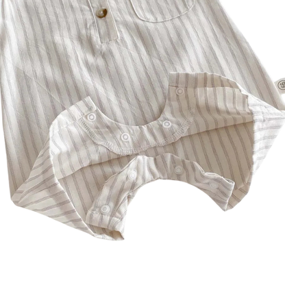 Neutral Ticking-Stripe Sleeveless Baby Romper with Matching Sun Hat (0-24M)