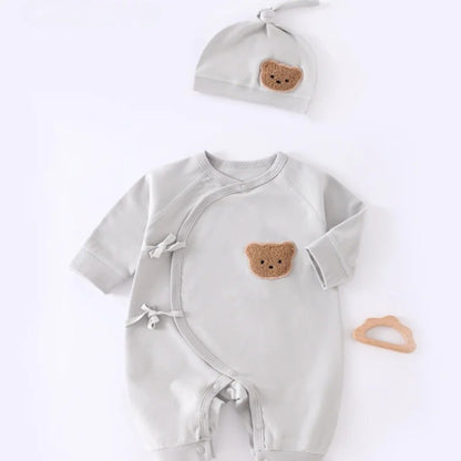 Newborn Kimono Romper & Hat Set - Teddy Bear Patch Long Sleeve Jumpsuit (0-6M)