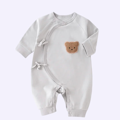 Newborn Kimono Romper & Hat Set - Teddy Bear Patch Long Sleeve Jumpsuit (0-6M)