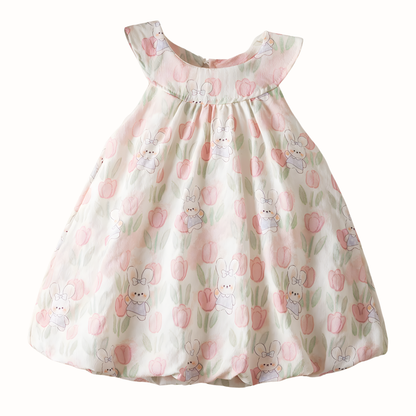Baby Girl Easter Dress with Bunny Ears & Tail - Cotton Tulip Print Summer Sun Dress (9M-3T)