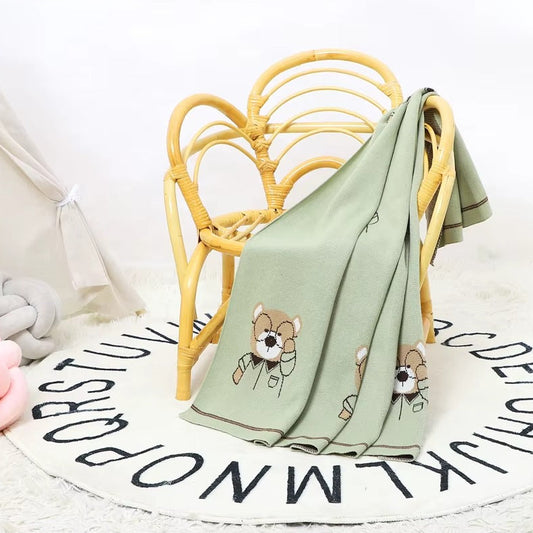 Soft 100% Cotton Knit Baby Blanket featuring a cute brown cartoon bear design.