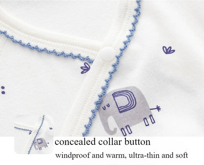 Close-up of the concealed collar button on a cotton baby bodysuit. Highlights the ultra-thin, soft fabric and blue wavy stitching for a windproof and warm fit.