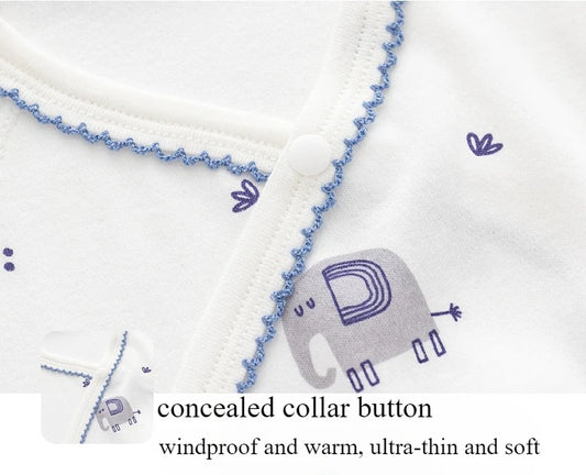 Close-up of the concealed collar button on a cotton baby bodysuit. Highlights the ultra-thin, soft fabric and blue wavy stitching for a windproof and warm fit.