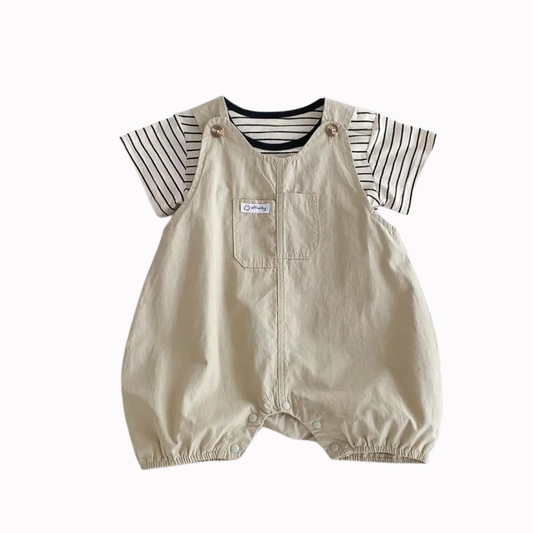 Beige overalls with a striped shirt on a light grey background