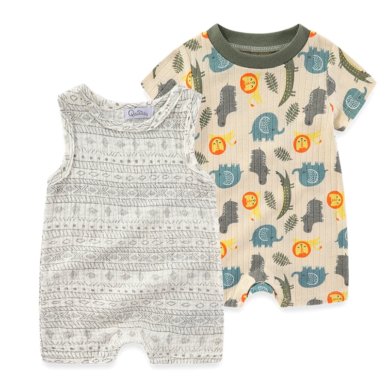 2-pack of baby boy rompers featuring a short-sleeve lion and elephant safari print on cream and a sleeveless grey tribal geometric print