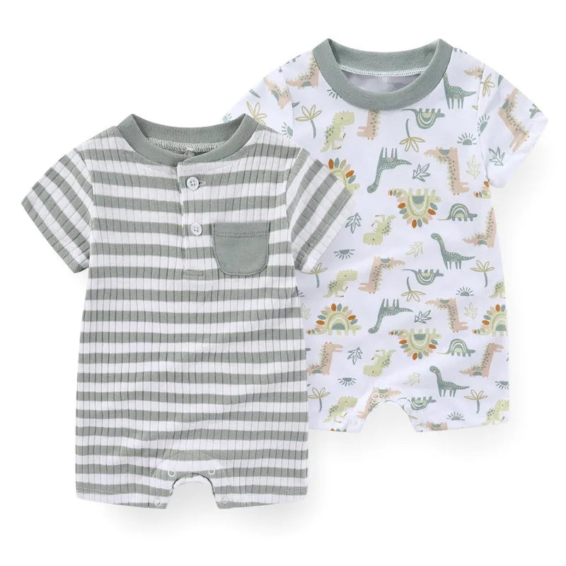 Infant boy romper set with a sage green and white striped henley shortall and a white short-sleeve romper with colorful dinosaur patterns.