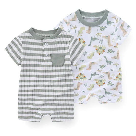 Infant boy romper set with a sage green and white striped henley shortall and a white short-sleeve romper with colorful dinosaur patterns.